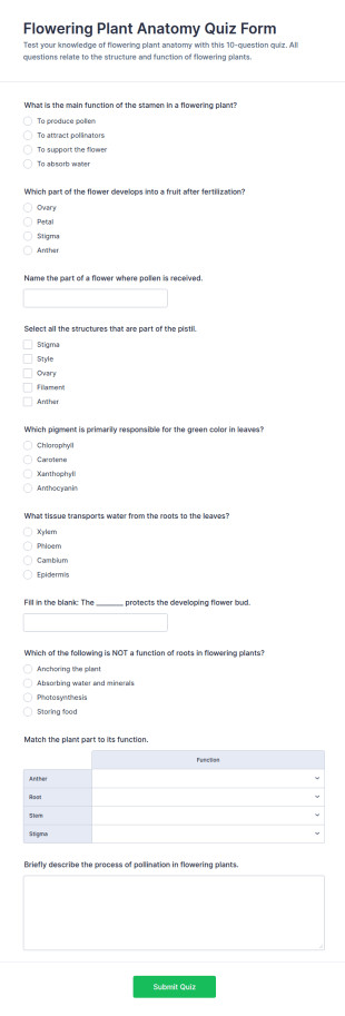 Flowering Plant Anatomy Quiz Form Template