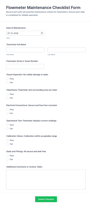 Flowmeter Maintenance Checklist Form Template