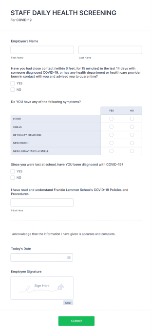 School Staff Daily Health Screening Form Template