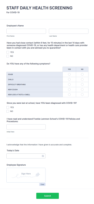 School Staff Daily Health Screening Form Template