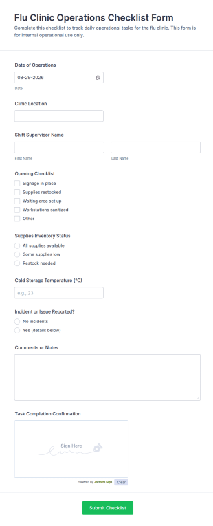 Flu Clinic Operations Checklist Form Template