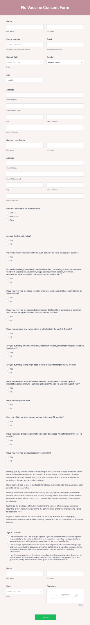 Flu Vaccine Consent Form Template