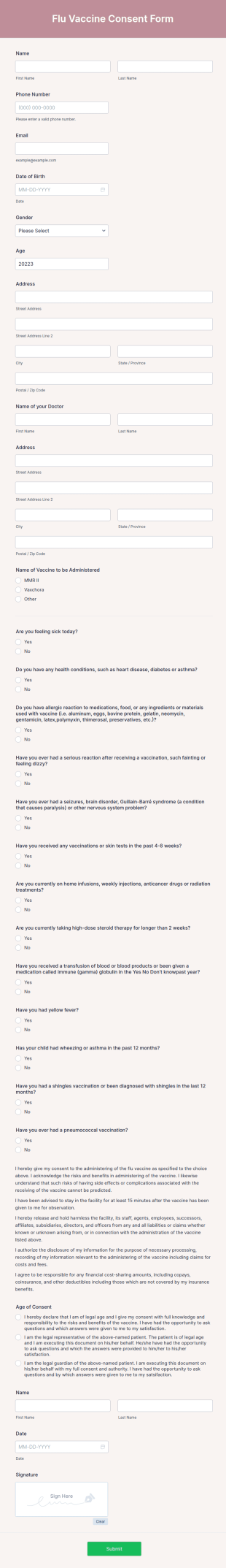 Flu Vaccine Consent Form Template