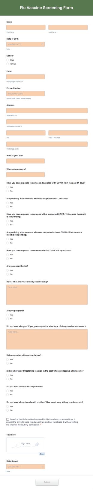 Flu Vaccine Screening Form Template