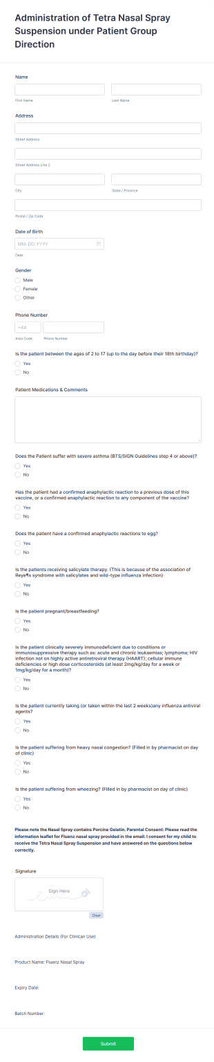 Nasal Flu Vaccine Consent Form Template