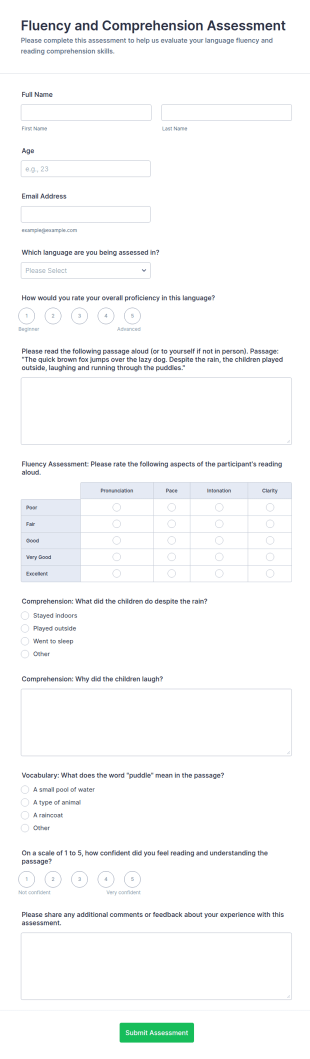 Fluency And Comprehension Assessment Form Template