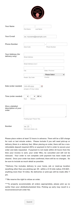 Fluffy Cakes Order Form Template