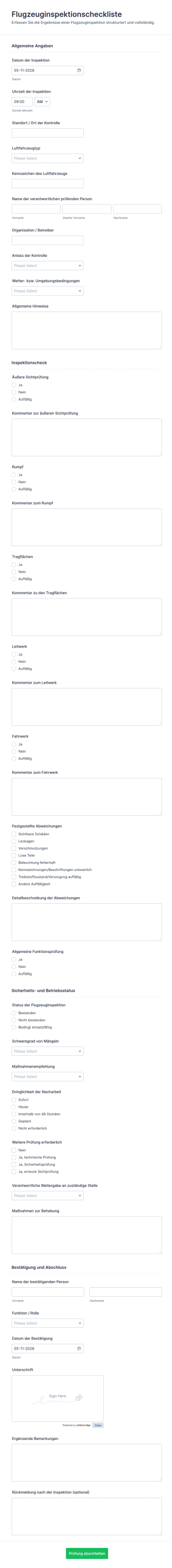Flugzeuginspektions Checkliste Formular
