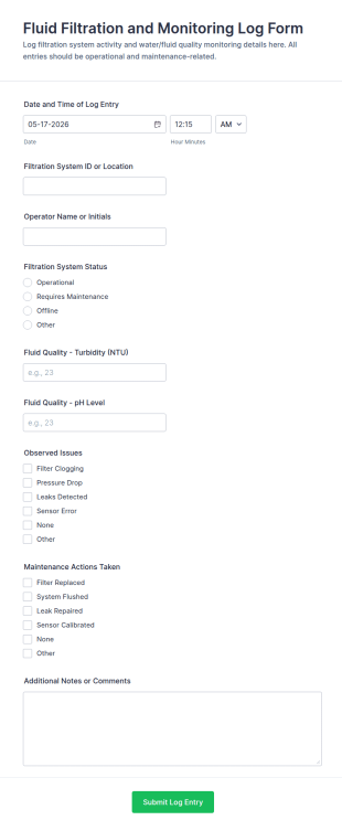 Fluid Filtration And Monitoring Log Form Template