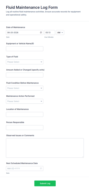 Fluid Maintenance Log Form Template