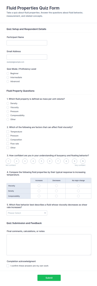 Fluid Properties Quiz Form Template