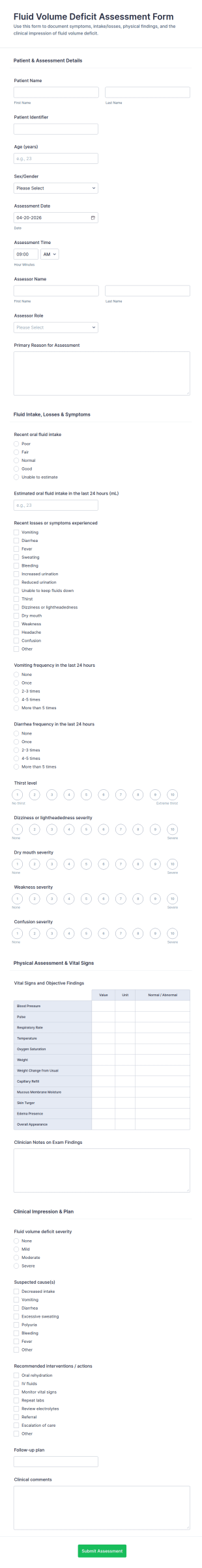 Fluid Volume Deficit Assessment Form Template