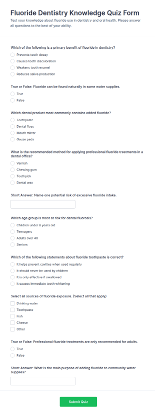 Fluoride Dentistry Knowledge Quiz Form Template