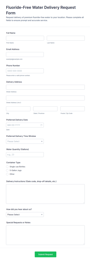 Fluoride Free Water Delivery Request Form Template