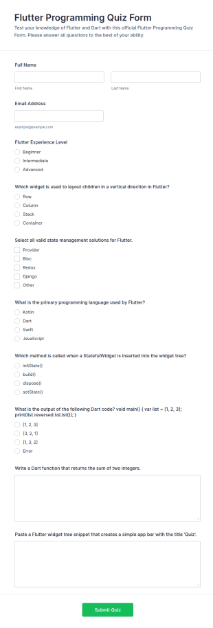 Flutter Programming Quiz Form Template