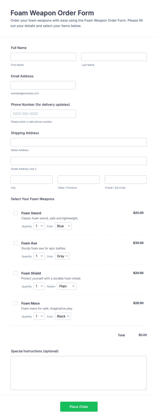 Foam Weapon Order Form Template