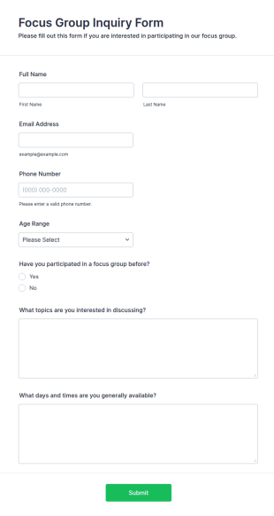 Focus Group Inquiry Form Template