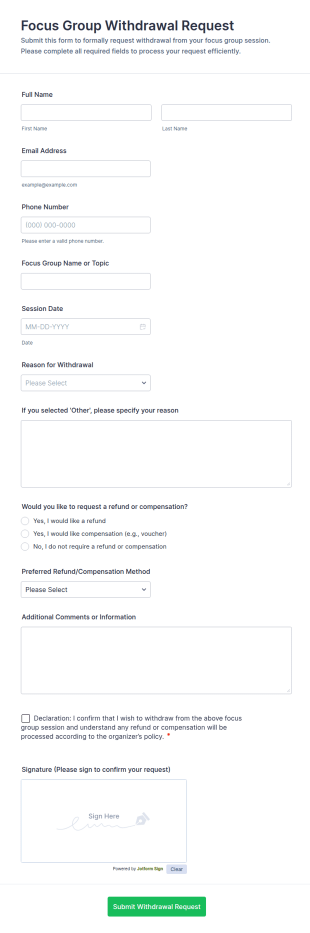 Focus Group Withdrawal Request Form Template