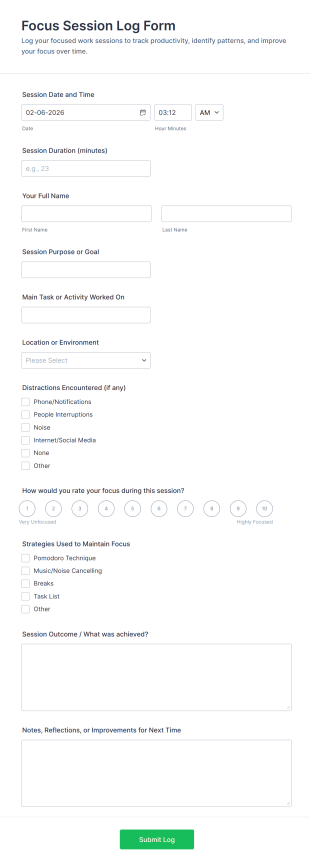 Focus Session Log Form Template