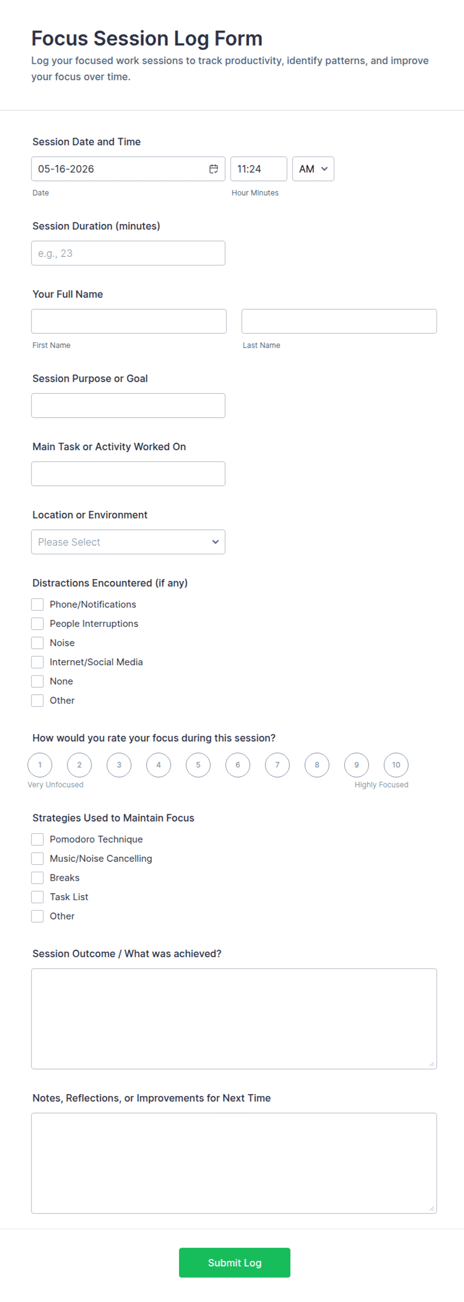 Per Session Form.pdf Focus Session Log Form Template | Jotform