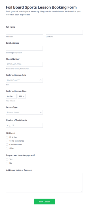 Foil Board Sports Lesson Booking Form Template