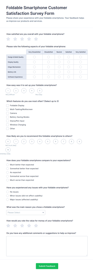 Foldable Smartphone Customer Satisfaction Survey Form Template
