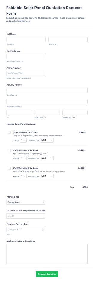 Foldable Solar Panel Quotation Request Form Template