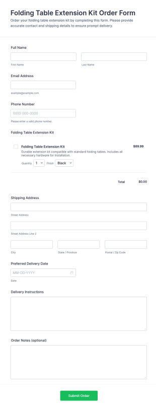 Folding Table Extension Kit Order Form Template