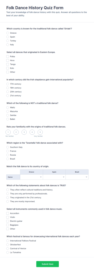 Folk Dance History Quiz Form Template