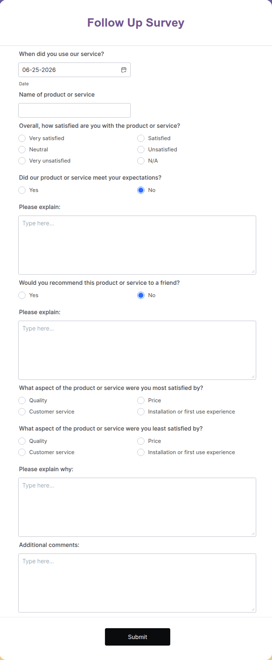 Follow Up Form Example Follow Up Survey Form Template | Jotform