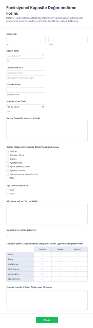 Fonksiyonel Kapasite Değerlendirme Form Şablonu