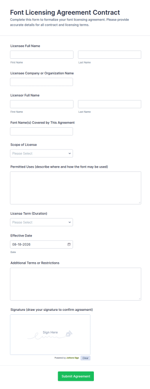 Font Licensing Agreement Contract Form Template