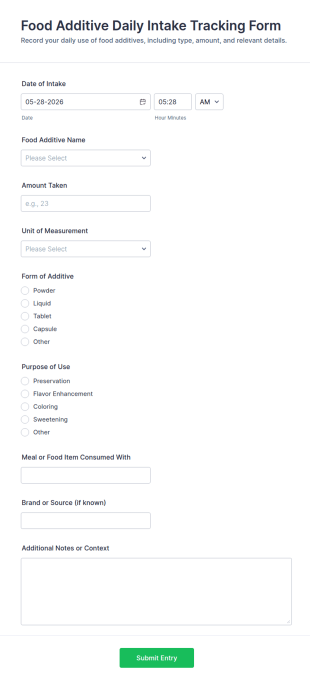 Food Additive Daily Intake Tracking Form Template