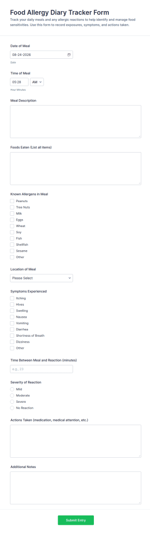 Food Allergy Diary Tracker Form Template