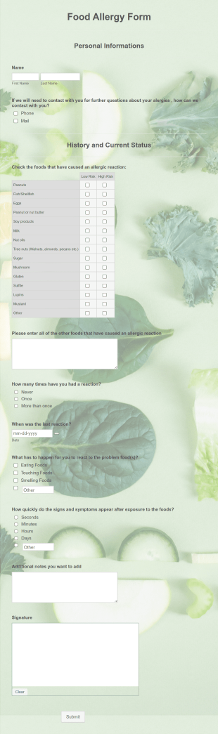 Food Allergy Form Template