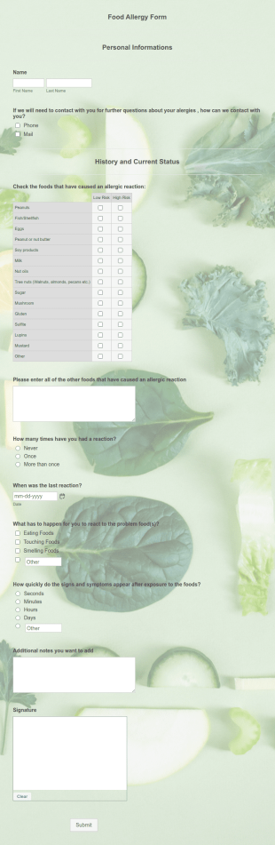 Food Allergy Form Template
