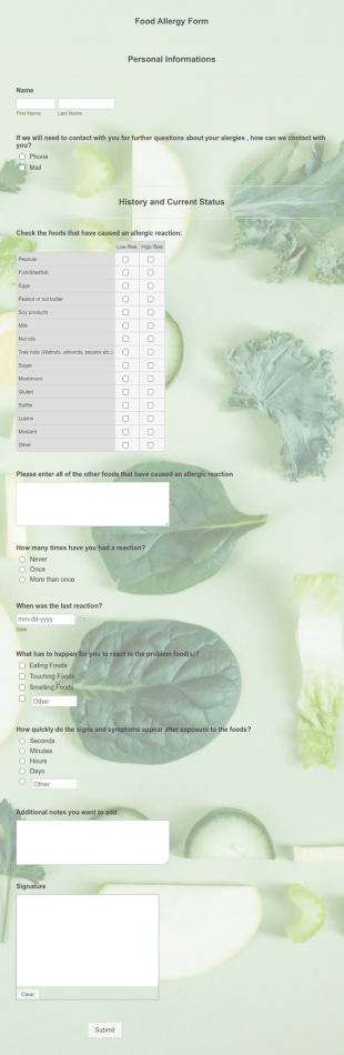Food Allergy Form Template