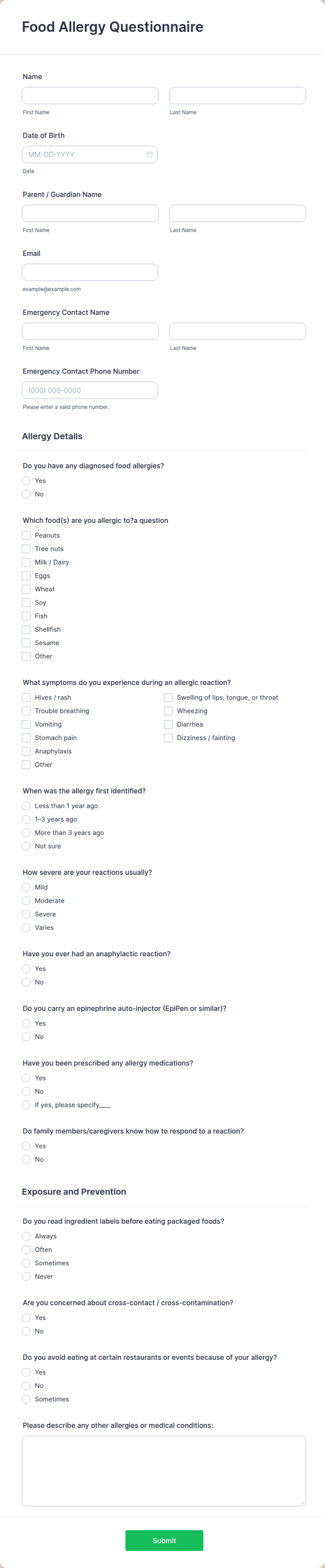 Food Allergy Questionnaire Form Template | Jotform