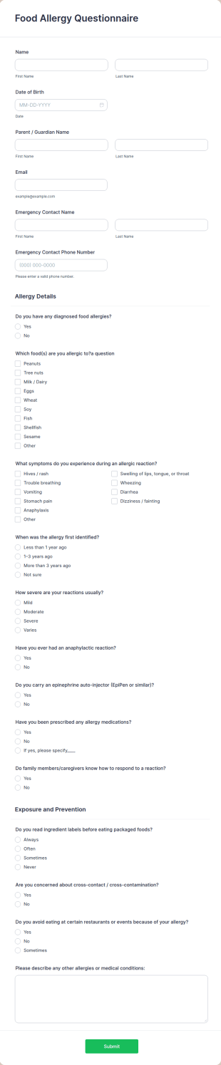 Food Allergy Questionnaire Form Template