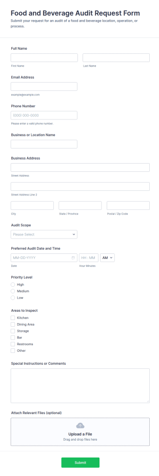 Food And Beverage Audit Request Form Template