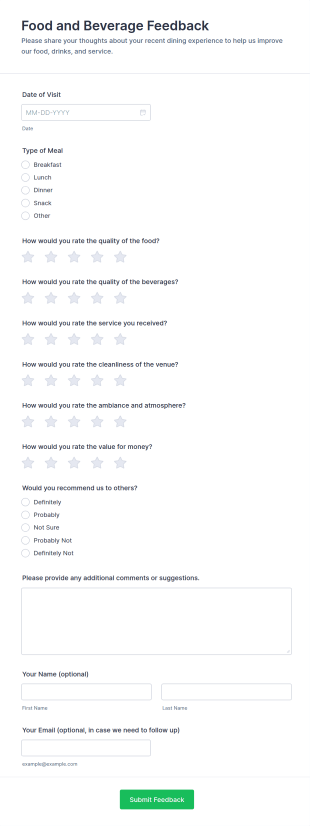 Food And Beverage Feedback Form Template