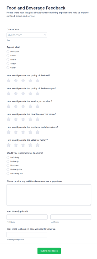 Food And Beverage Feedback Form Template
