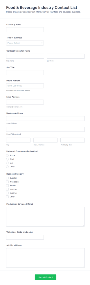 Food & Beverage Industry Contact List Form Template