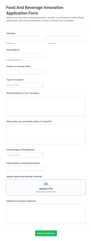 Food And Beverage Innovation Application Form Template