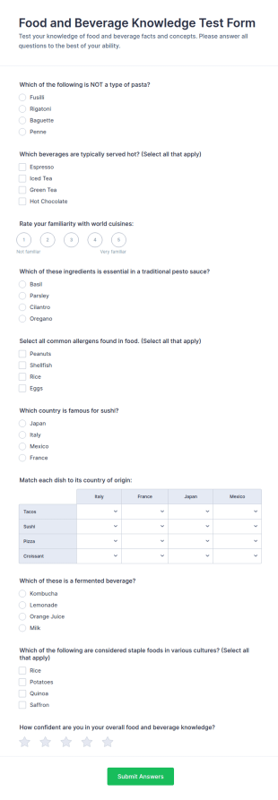 Food And Beverage Knowledge Test Form Template