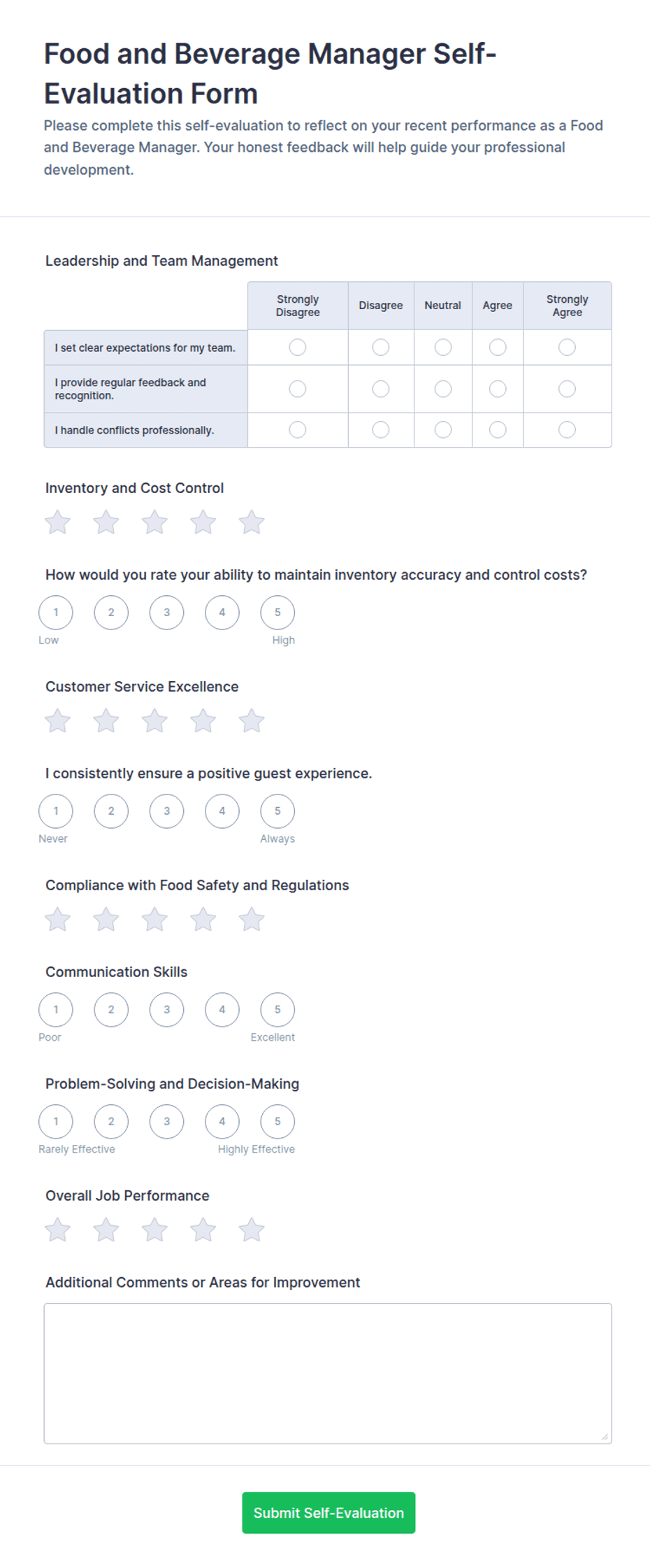 Food and Beverage Manager Self-Evaluation Form Template | Jotform