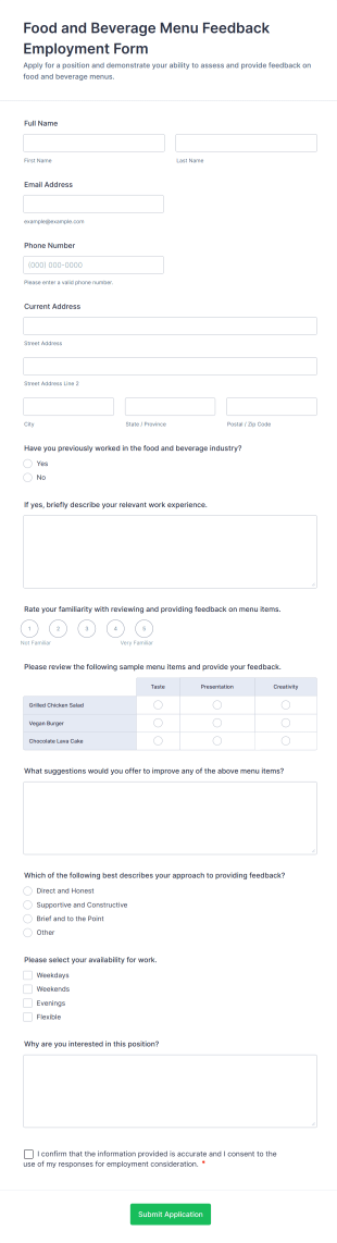 Food And Beverage Menu Feedback Employment Form Template