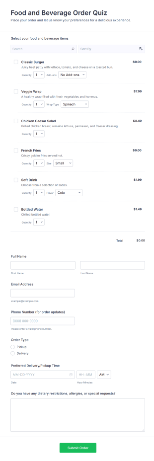 Food And Beverage Order Quiz Form Template