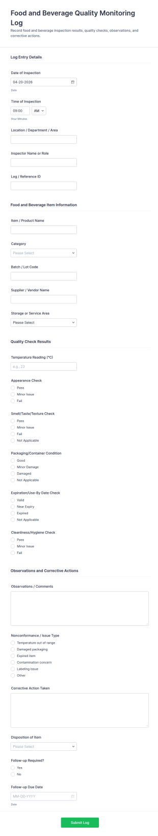 Food And Beverage Quality Monitoring Log Form Template