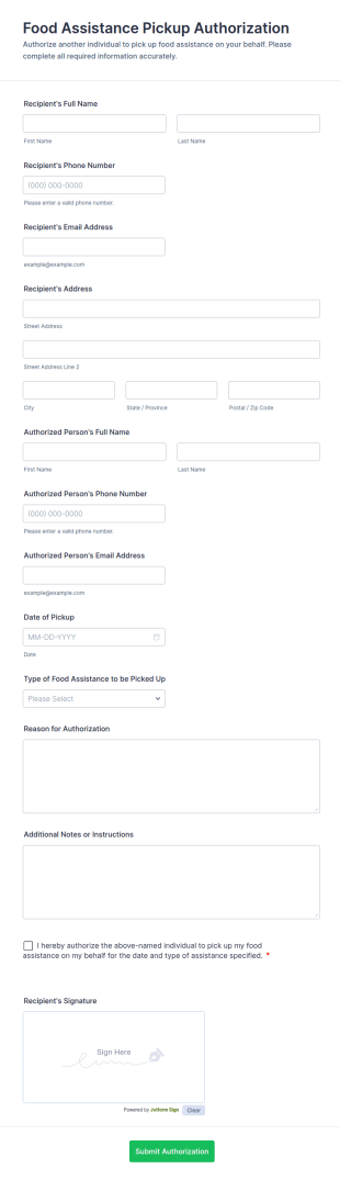 Food Assistance Pickup Authorization Letter Form Template